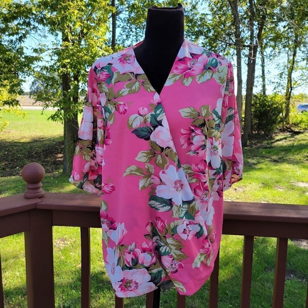 Iman Ladies Pink Multicolor Floral Wrap Blouse, sz Large
